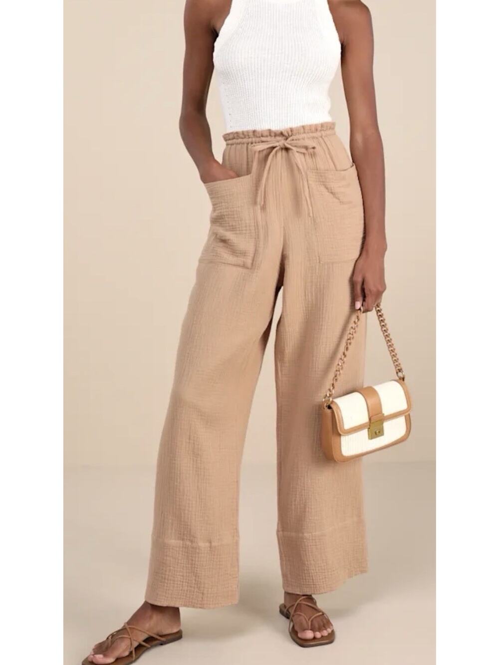 Lulus Relaxed boho Tan gauze Cotton Texture Drawstring Wide Leg Pants XS A006748